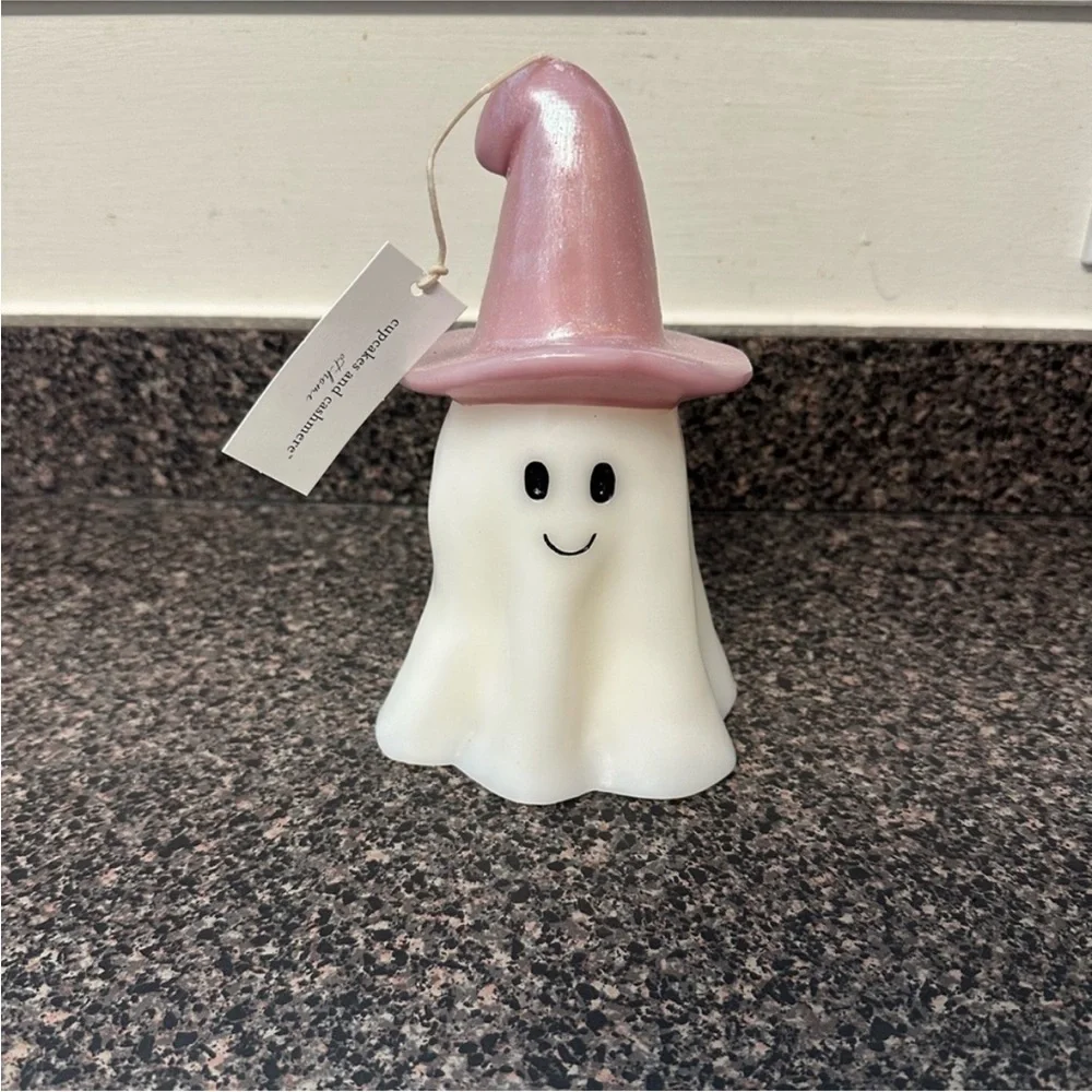 Cupcakes and Cashmere Halloween Ghost Candle with Pink Witch Hat